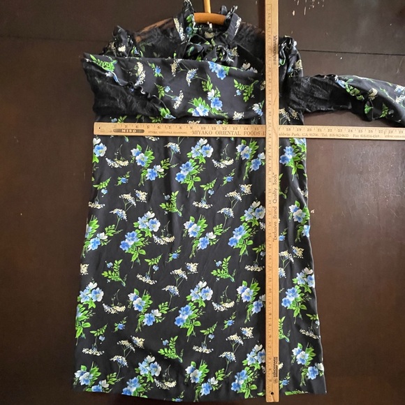 SANDRO Silk Lace Insets Ruffle Black Green Floral Mini Shift Victorian Dress - Picture 9 of 12